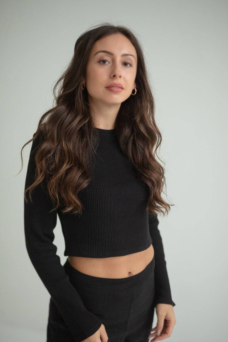 Langarm Crop-Top ELLA aus Bio-Baumwolle - Schwarz